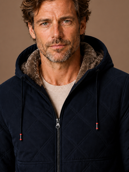 Men's Quilted Puffer Jacket - Hooded Faux-Fur Lined Autumn Winter Coat - Navy - Detail Close-Up [AI-OPT:c9b3f554-6f6a-4468-b217-cb20fcc515a9]