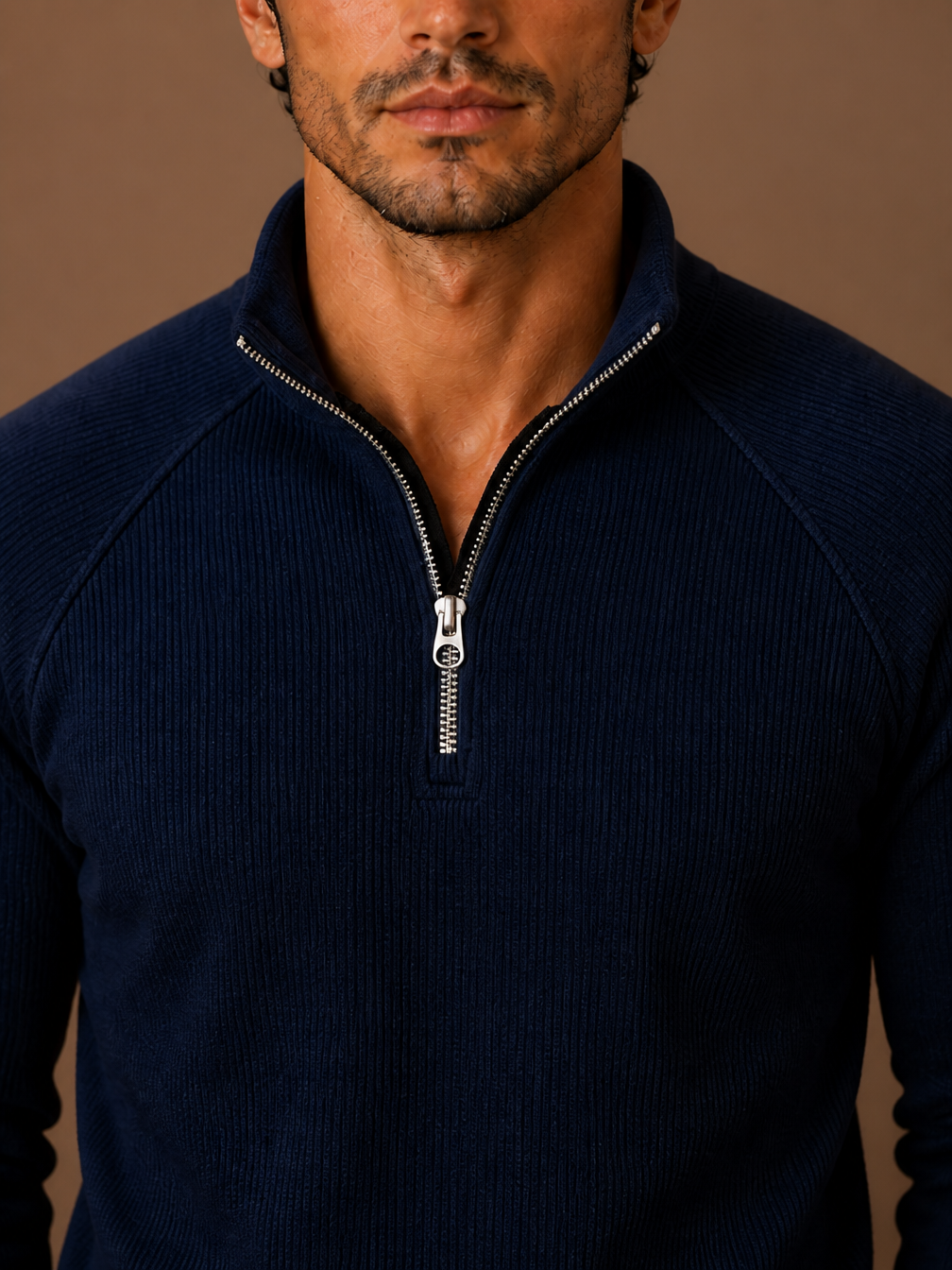 Men's Quarter-Zip Fleece Sweatshirt with Stand Collar- Ribbed Texture Zipper Jumper - Navy - Detail Close-Up [AI-OPT:a43fa851-08a1-4de1-a479-da35ccfc7a54]