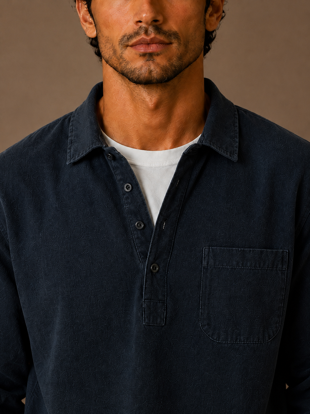 Men's Popover Shirt Cotton Linen Blend Half Button Chest Pocket Relaxed - Navy - Detail Close-Up [AI-OPT:38431de5-cf25-4cd1-83ff-c87df881a76d]