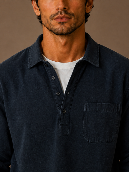 Men's Popover Shirt Cotton Linen Blend Half Button Chest Pocket Relaxed - Navy - Detail Close-Up [AI-OPT:38431de5-cf25-4cd1-83ff-c87df881a76d]