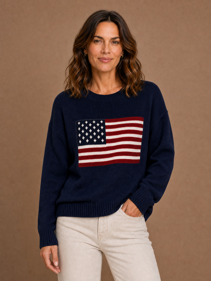 Women's American Flag Sweater - Crew Neck Long Sleeve Pullover - Navy