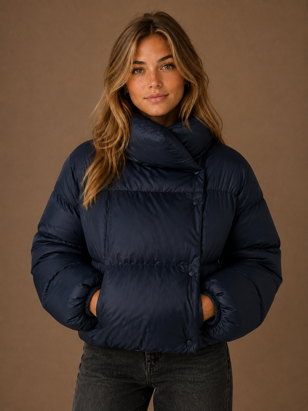High-Collar Hooded Puffer Jacket for Women – Navy, Black, Light Grey or Army - Navy