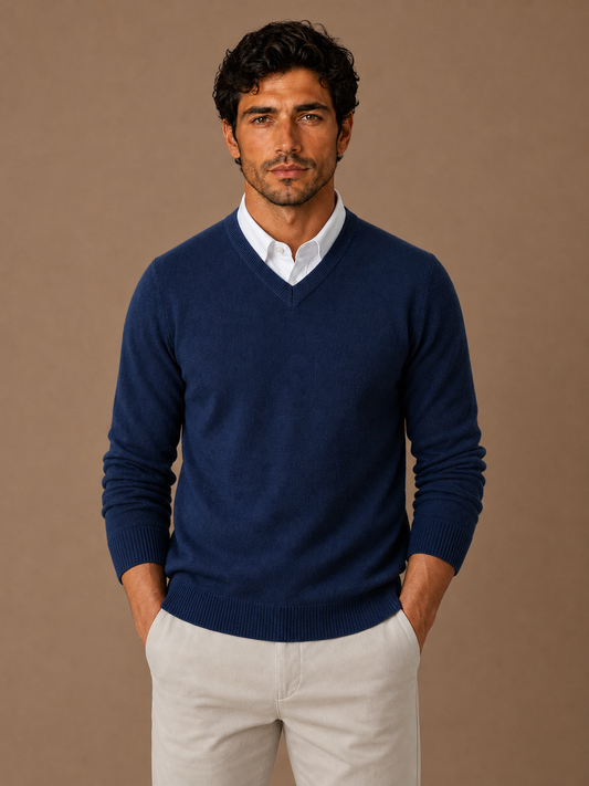 Men's V-Neck Knit Sweater Pullover for Work and Weekend - Navy