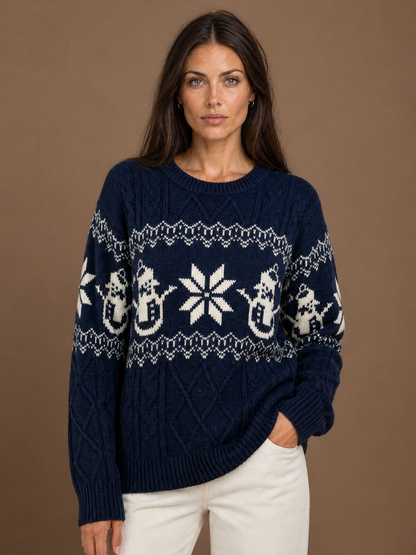 Women's Christmas Snowman Sweater, Cable Knit Fair Isle Crew Neck Pullover - Navy