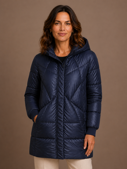 Women's Long Hooded Puffer Jacket for Winter – Full-Length Coat - Navy