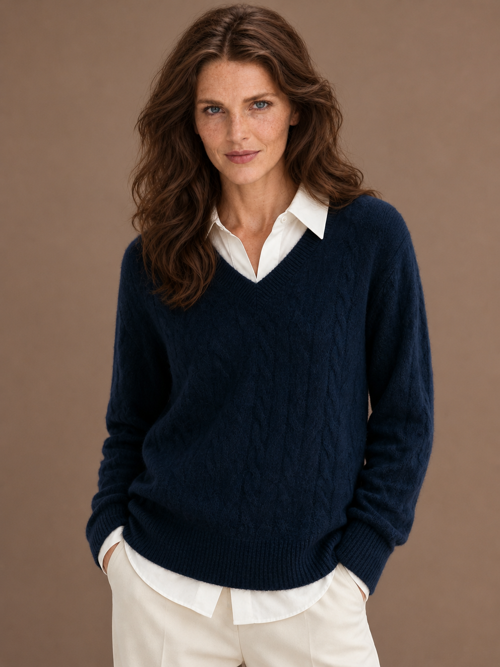 Women's Cashmere-Look V-Neck Pullover Sweater with Twist-Flower Knit Detail - Navy