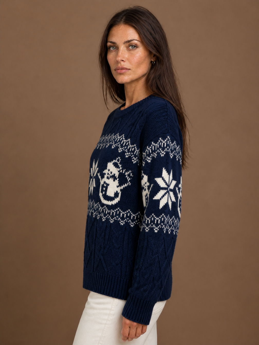 Women's Christmas Snowman Sweater, Cable Knit Fair Isle Crew Neck Pullover - Navy - Side View [AI-OPT:e7ab6ea3-bf3d-4430-8e10-f60b90a4d504]