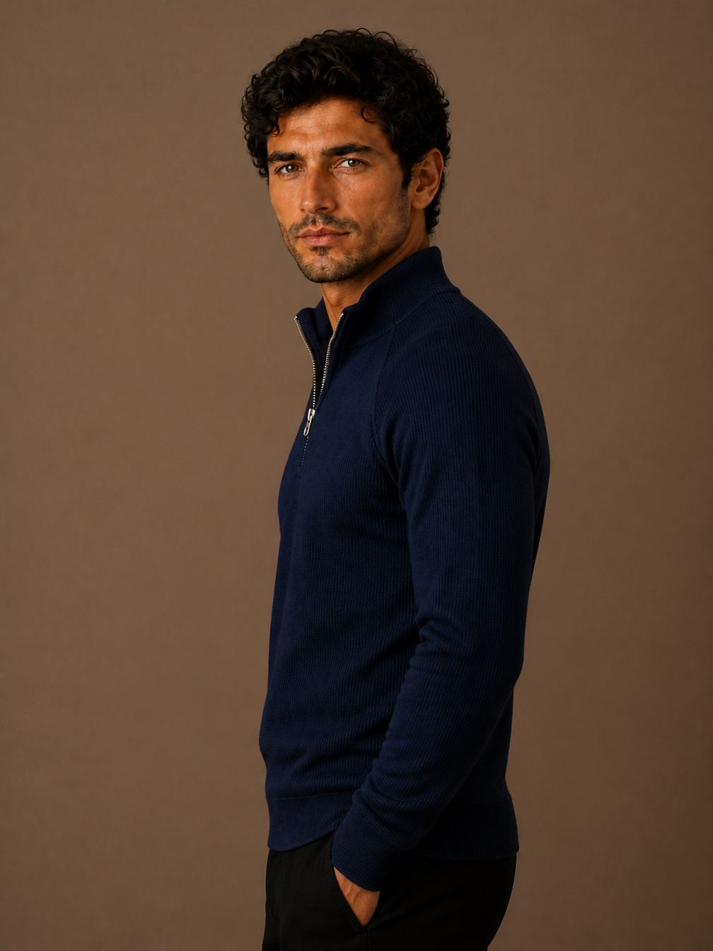 Men's Quarter-Zip Fleece Sweatshirt with Stand Collar- Ribbed Texture Zipper Jumper - Navy - Side View [AI-OPT:f1864733-0ced-4c35-a6d7-356cf58fbdd3]