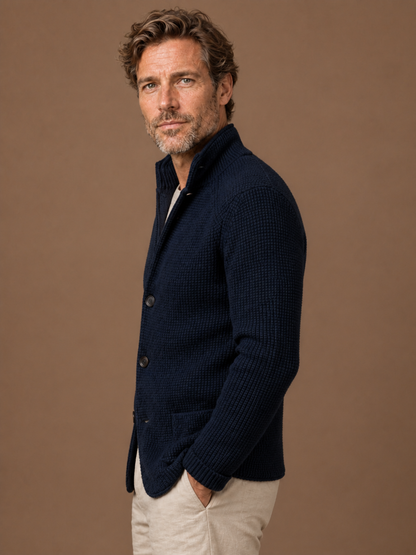 Men's Knitted Cardigan - Button up Knit Sweater with Stand Collar - Navy - Side View [AI-OPT:a6eaea39-79f6-45b6-85b6-c5099bc3c9a6]