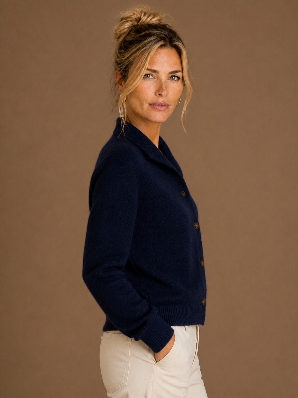 Women's Thick Cashmere Blend Cardigan with Bold Buttons and Half-High Neck - Navy - Side View [AI-OPT:fd1c185e-d0fd-4370-9eae-e581effb84dc]
