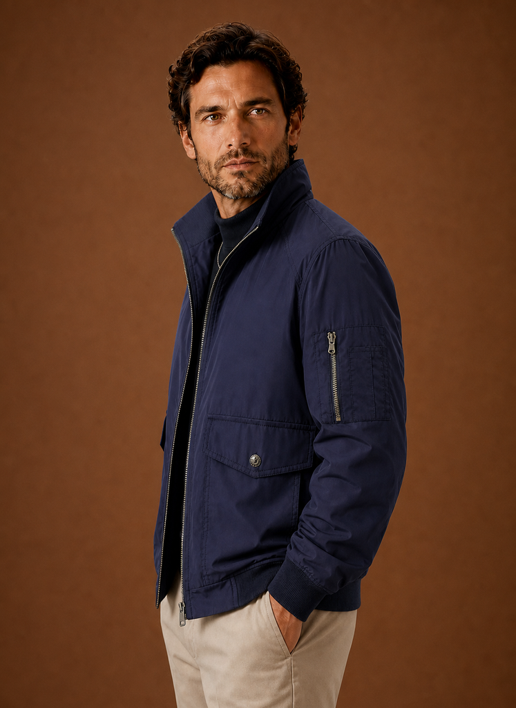Men's Lightweight Bomber Jacket with Stand Collar, Full-Zip Front and Utility Pockets - Image 9