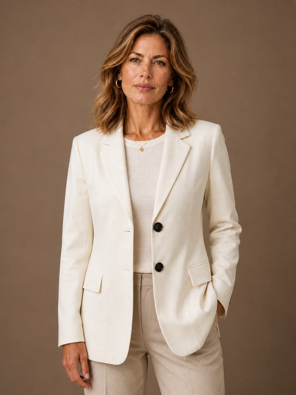 Women's Tailored Blazer Longline Jacket for Office and Evening - Off White