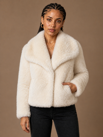 Women's Cropped Faux Fur Jacket with Shawl Collar for Autumn/Winter - Off White
