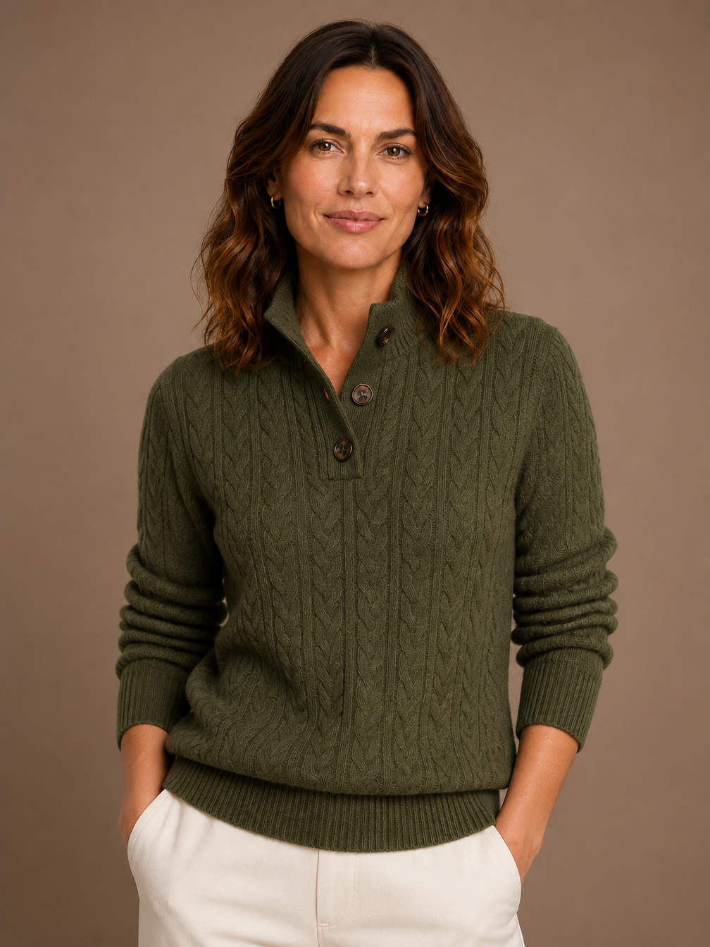 Women's Thick Cable-Knit Button-Up Sweater - Cashmere Blend Sweater with Stand Collar - Olive