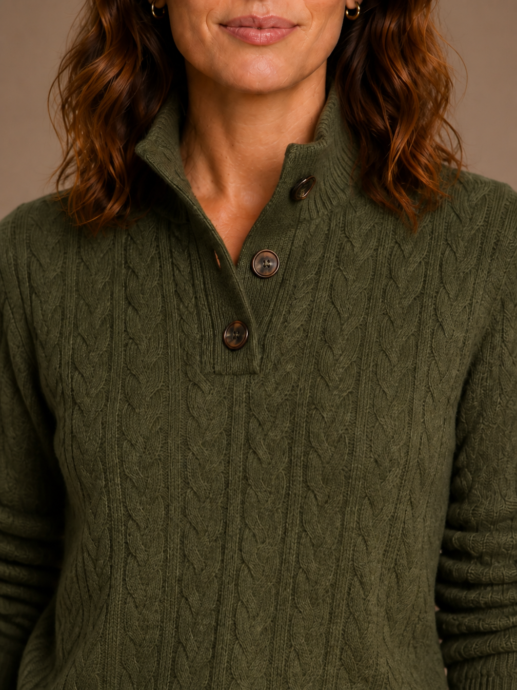 Women's Thick Cable-Knit Button-Up Sweater - Cashmere Blend Sweater with Stand Collar - Olive - Detail Close-Up [AI-OPT:8cef1b0d-8715-45f8-a437-ccad8570e77c]