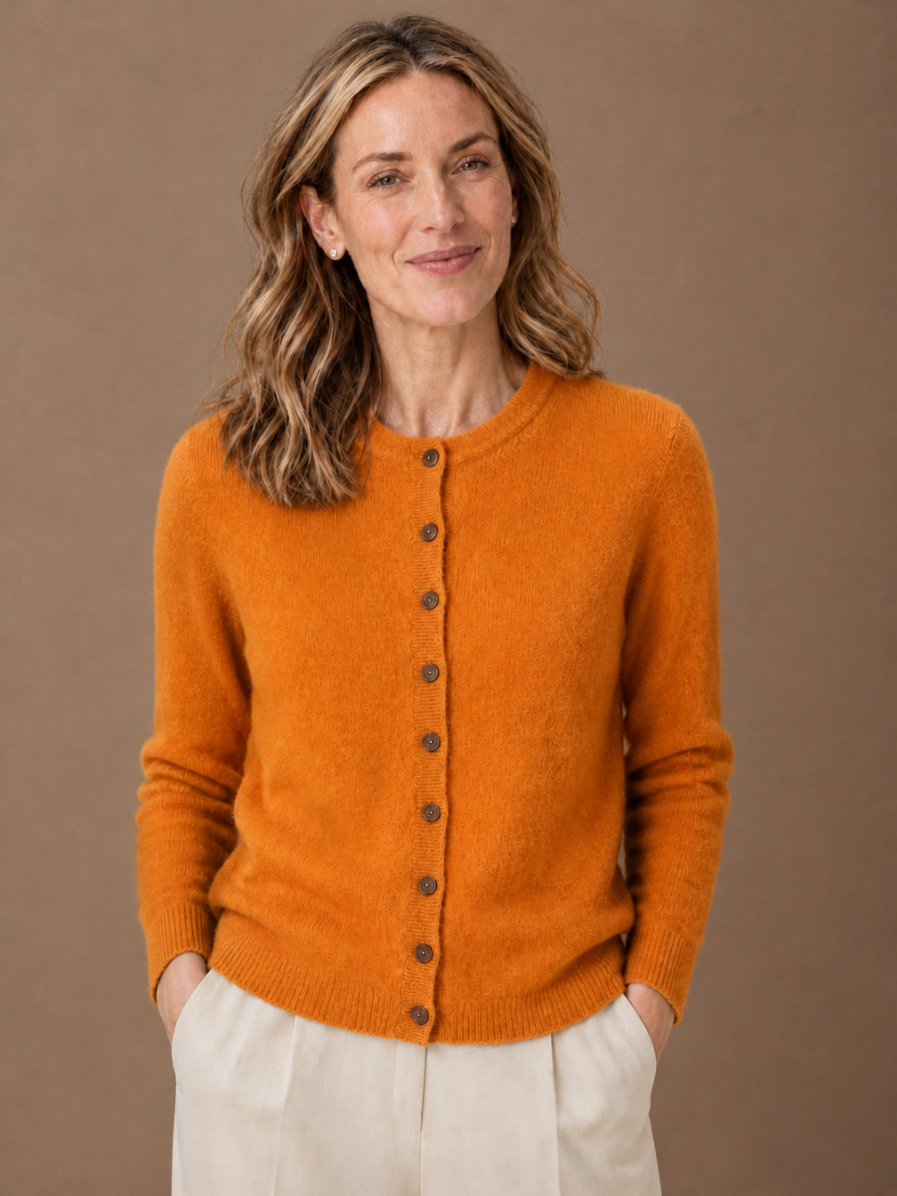 Women's Merino Wool Blend Cardigan - Button Front Knitted Sweater - Orange