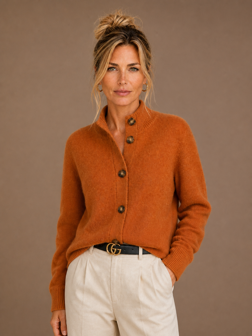 Women's Thick Cashmere Blend Cardigan with Bold Buttons and Half-High Neck - Orange