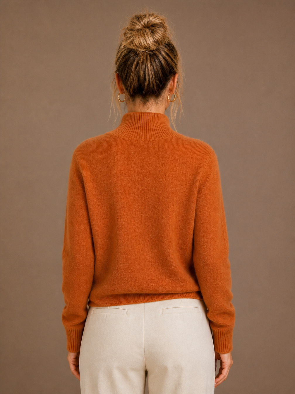 Women's Thick Cashmere Blend Cardigan with Bold Buttons and Half-High Neck - Orange - Back View [AI-OPT:9d180e9f-4139-4085-82b7-09ca5807af85]