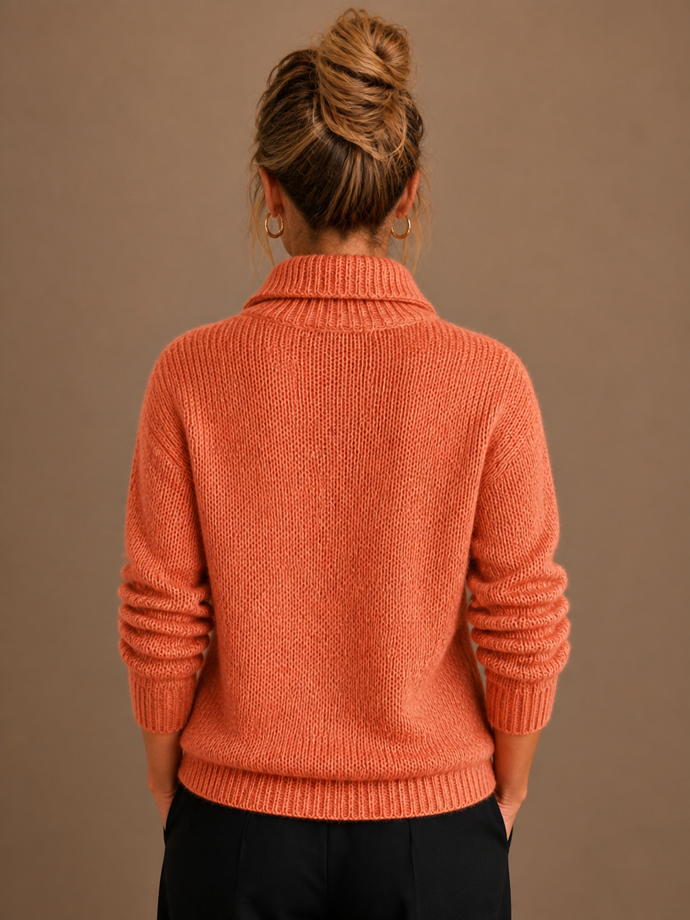 Women's Pure Cashmere Half-Zip Knitted Pullover Sweater with Long Sleeves - Orange - Back View [AI-OPT:7b54b60a-763f-4435-bfc6-b0f76c2c9477]