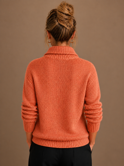 Women's Pure Cashmere Half-Zip Knitted Pullover Sweater with Long Sleeves - Orange - Back View [AI-OPT:7b54b60a-763f-4435-bfc6-b0f76c2c9477]