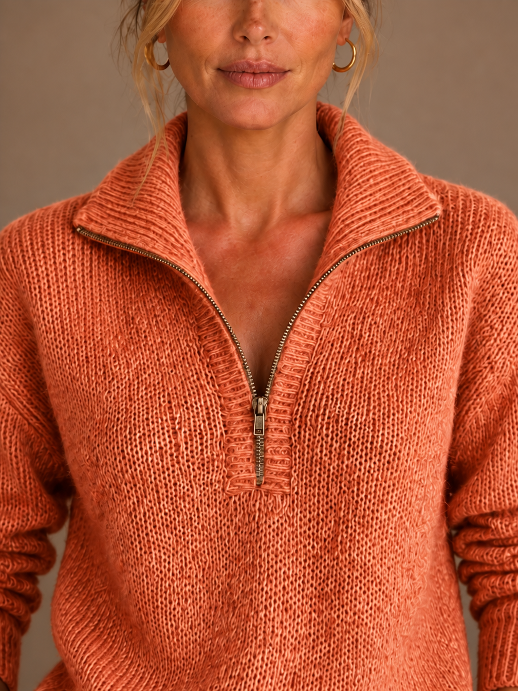 Women's Pure Cashmere Half-Zip Knitted Pullover Sweater with Long Sleeves - Orange - Detail Close-Up [AI-OPT:430b5389-7bb5-422f-ad39-67a25e5c5808]