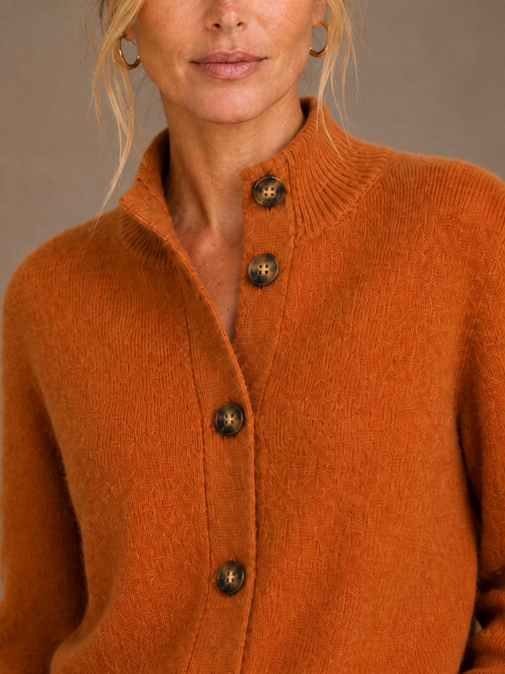 Women's Thick Cashmere Blend Cardigan with Bold Buttons and Half-High Neck - Orange - Detail Close-Up [AI-OPT:e843fdca-b53a-4cb1-a84f-e6e6ff38315f]