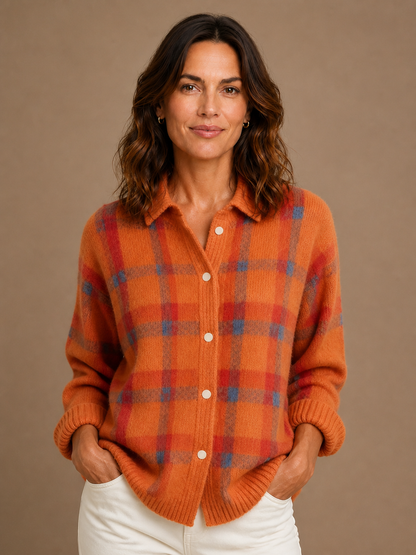 Women’s Classic Check Knit Cardigan - Cozy Retro Knitted Relaxed Fit Sweater - Orange