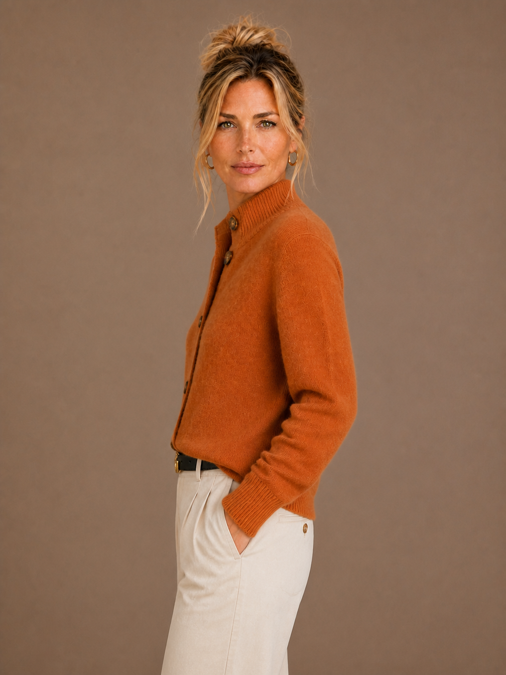 Women's Thick Cashmere Blend Cardigan with Bold Buttons and Half-High Neck - Orange - Side View [AI-OPT:0c4c4cf0-a89b-4799-ac07-392a68a9c2d5]