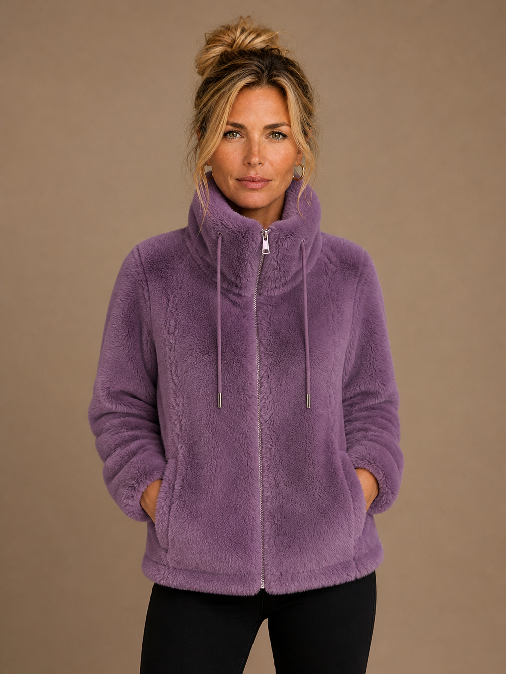 Women's Teddy Fleece Jacket with High Collar and Zip - Paars