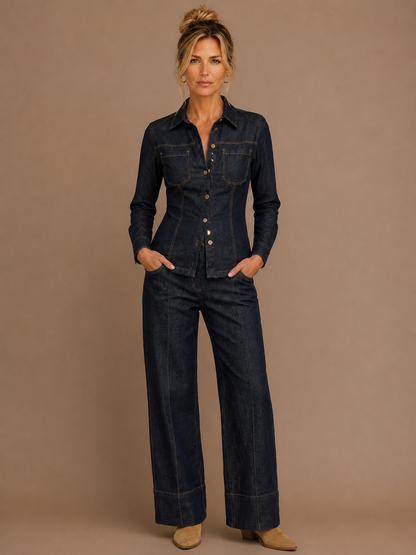 Women's Denim Co-Ord Set with Tailored Button-Up Jacket and High-Waist Wide-Leg Trousers - Pant