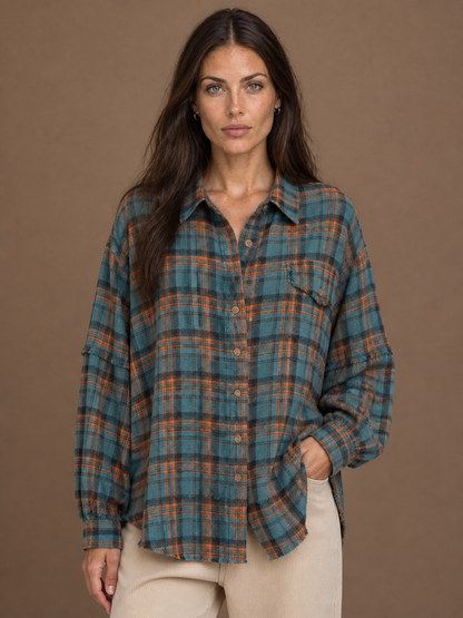 Women’s Plaid Flannel Shirt Oversized Fit Button Front Lantern Sleeves - Pine