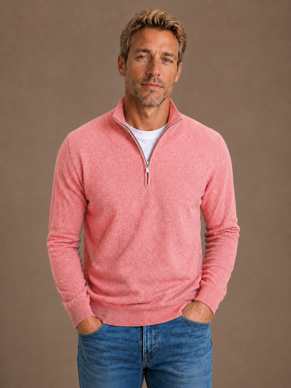 Men’s Wool-Blend Half-Zip Sweater with High Collar, Regular Fit - Pink