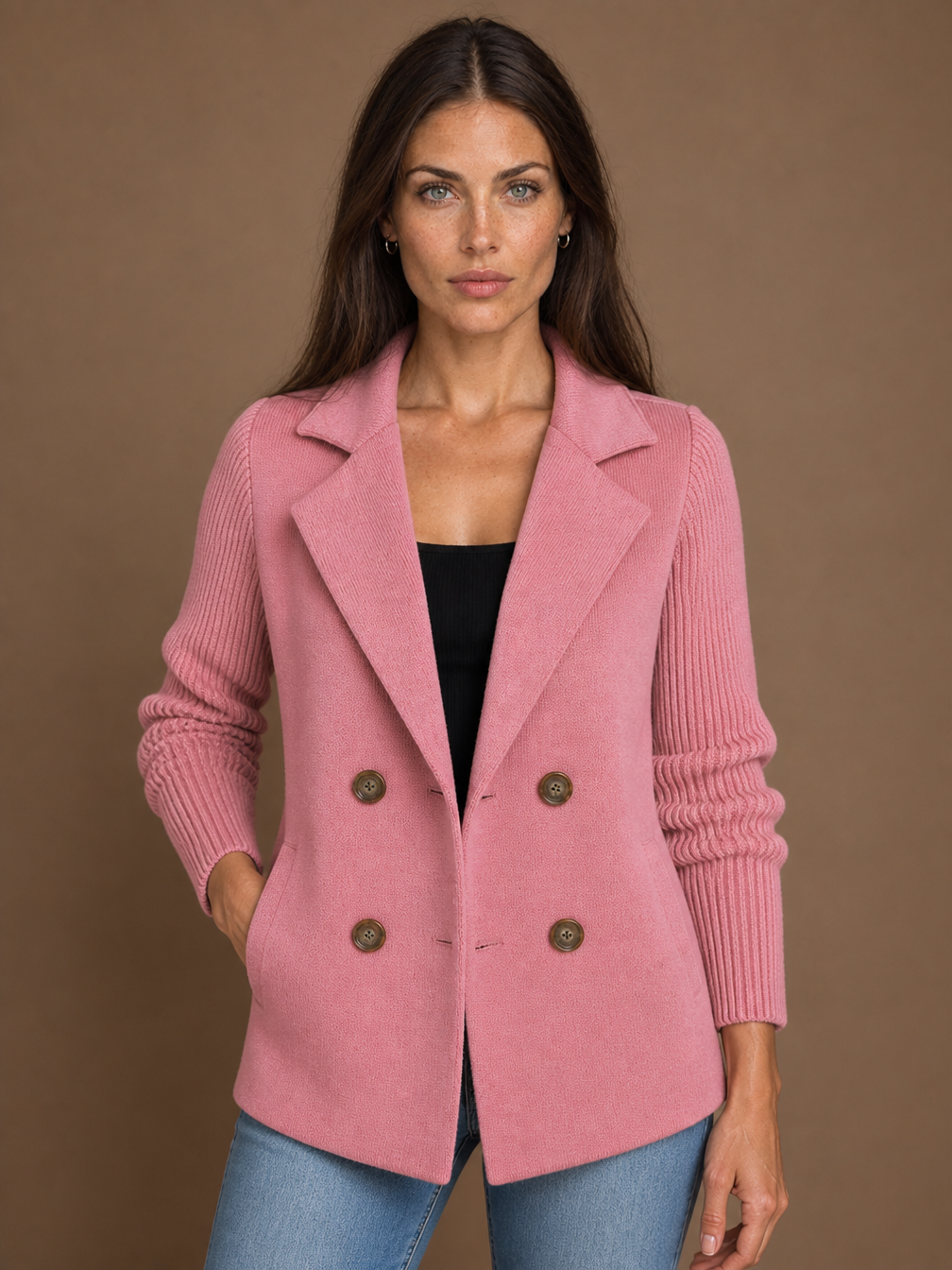 Women's Double-Breasted Blazer - Elegent Knitted Jacket - Pink
