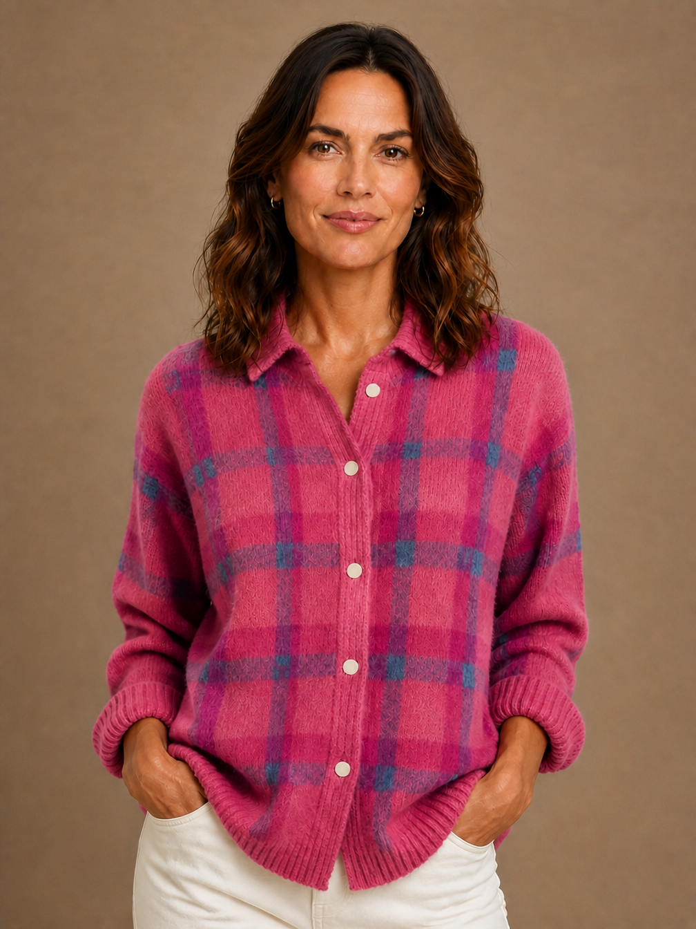 Women’s Classic Check Knit Cardigan - Cozy Retro Knitted Relaxed Fit Sweater - Pink