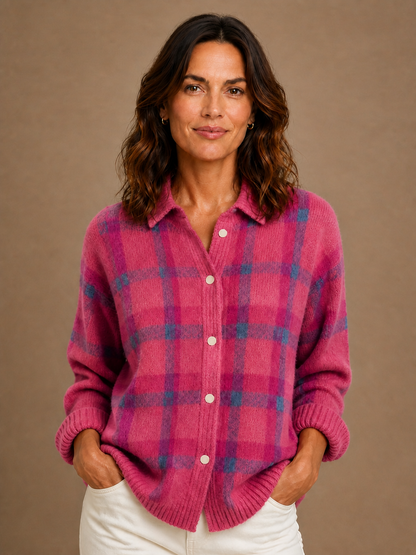 Women’s Classic Check Knit Cardigan - Cozy Retro Knitted Relaxed Fit Sweater - Pink