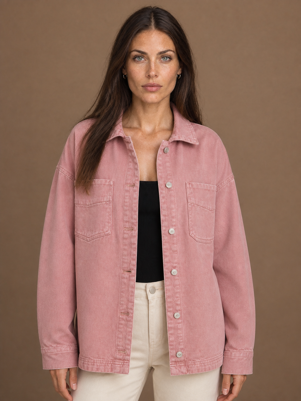 Women's Oversized Washed Denim Jacket with Button Front and Chest Pockets - Pink