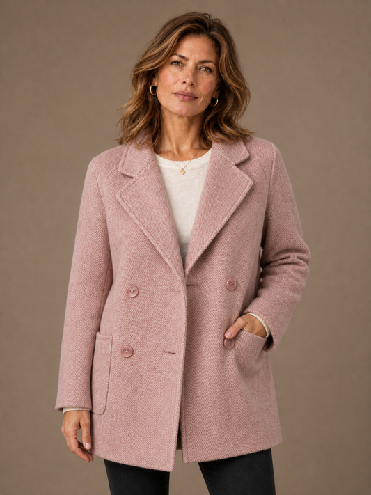 Women's Double-Breasted Midi Coat in Polyester – Tailored Structured Fit - Pink