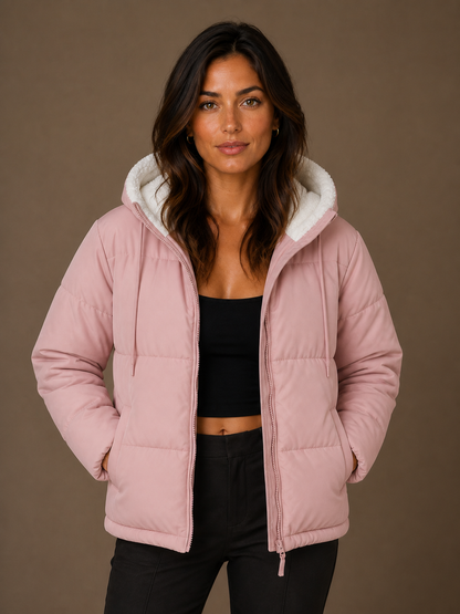 Women's Sherpa-Lined Hooded Puffer Jacket with Quilted Padding and Full-Length Zip - Pink