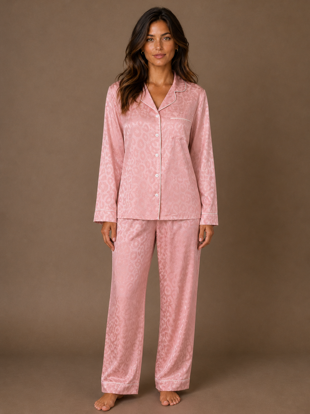 Women's Satin Pyjama Set, Leopard Jacquard Long Sleeve Button-Front Top and Relaxed Trousers - Pink