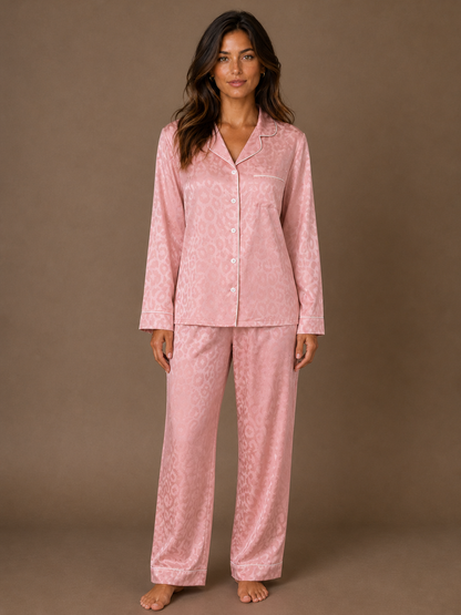 Women's Satin Pyjama Set, Leopard Jacquard Long Sleeve Button-Front Top and Relaxed Trousers - Pink