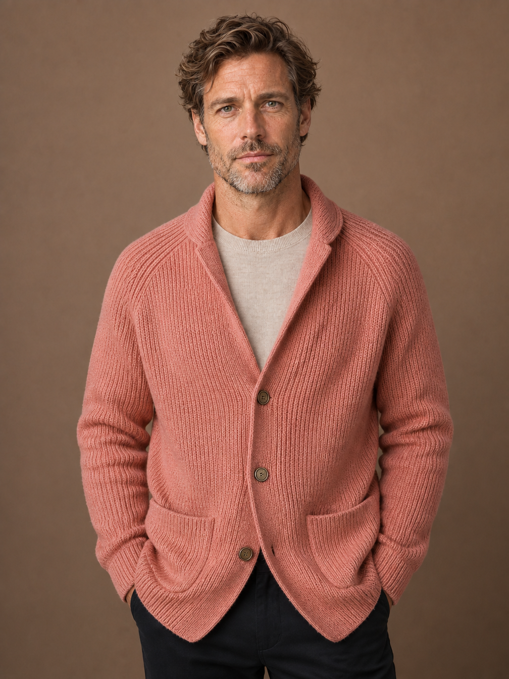 Men's Ribbed Wool Blend Cardigan - Vest with Shawl Collar and Pockets - Pink