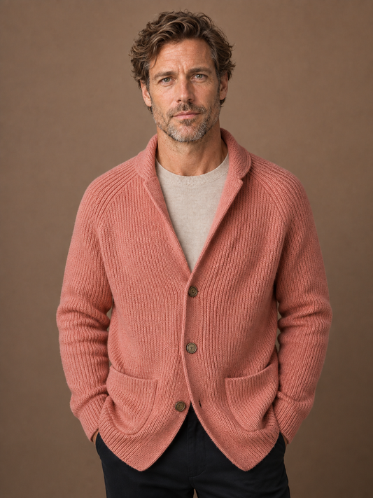 Men's Ribbed Wool Blend Cardigan - Vest with Shawl Collar and Pockets - Pink