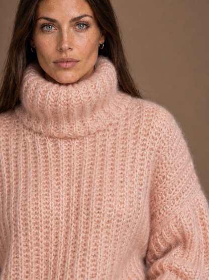 Women's Oversized Roll-Neck Chunky Knit Jumper – Cosy Fuzzy Warm Sweater - Pink - Detail Close-Up [AI-OPT:e0aa6ddb-a049-4da3-b042-fe218f455a63]