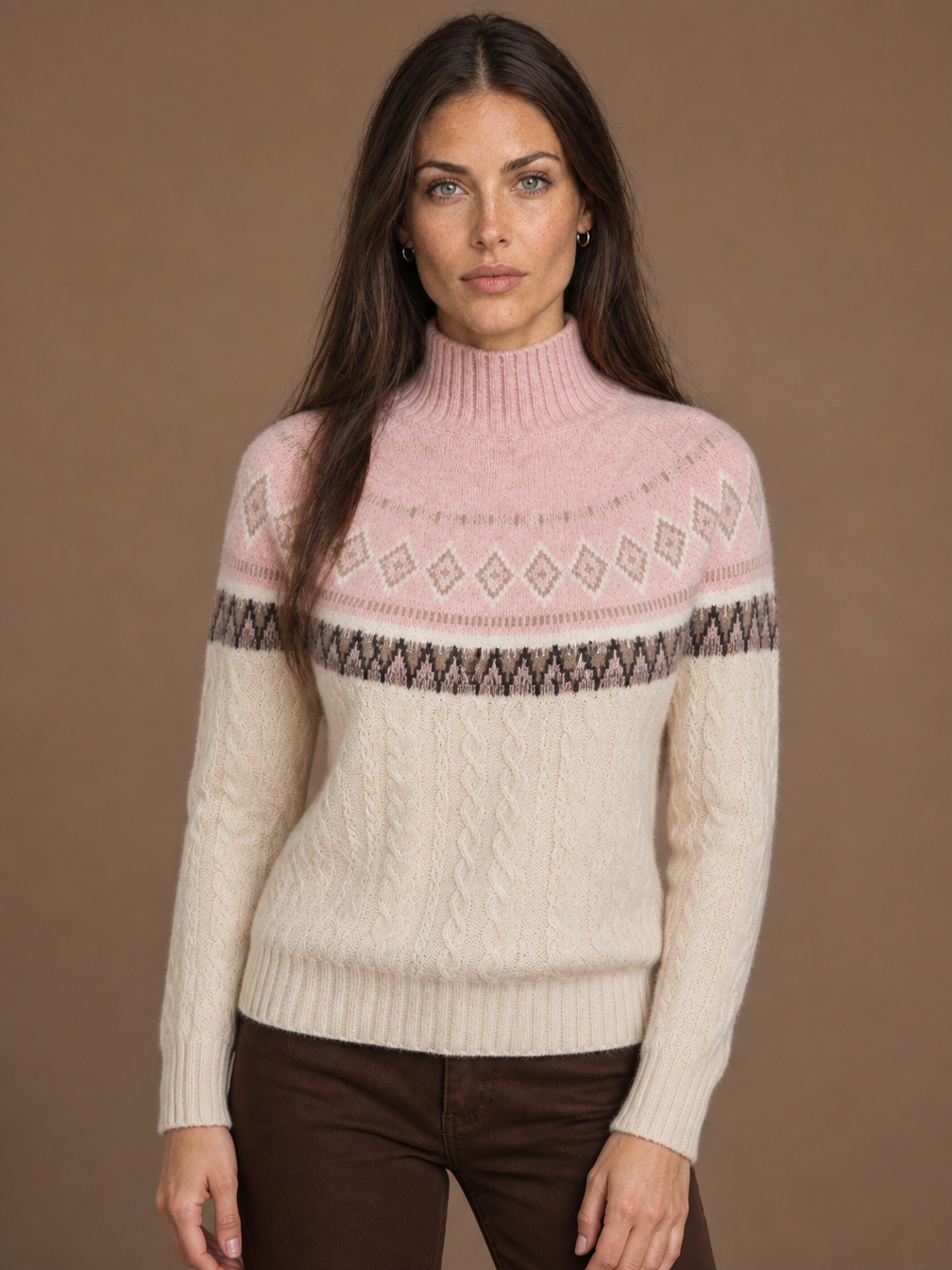 Women's Fair Isle Cashmere Sweater with Patterned Knit and Regular Fit - Pink
