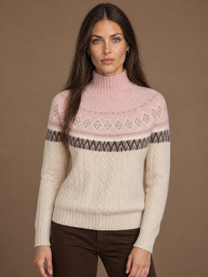 Women's Fair Isle Cashmere Sweater with Patterned Knit and Regular Fit - Pink