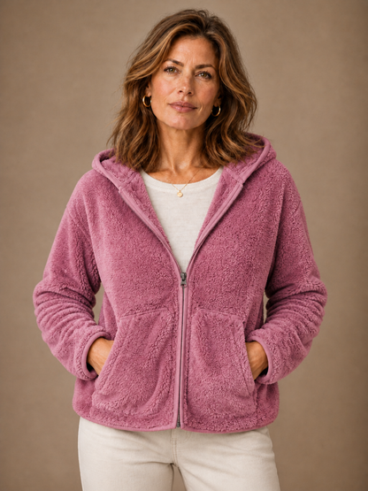 Women's Plush Fleece Hoodie Jacket with Zip Closure and Deep Side Pockets - Pink