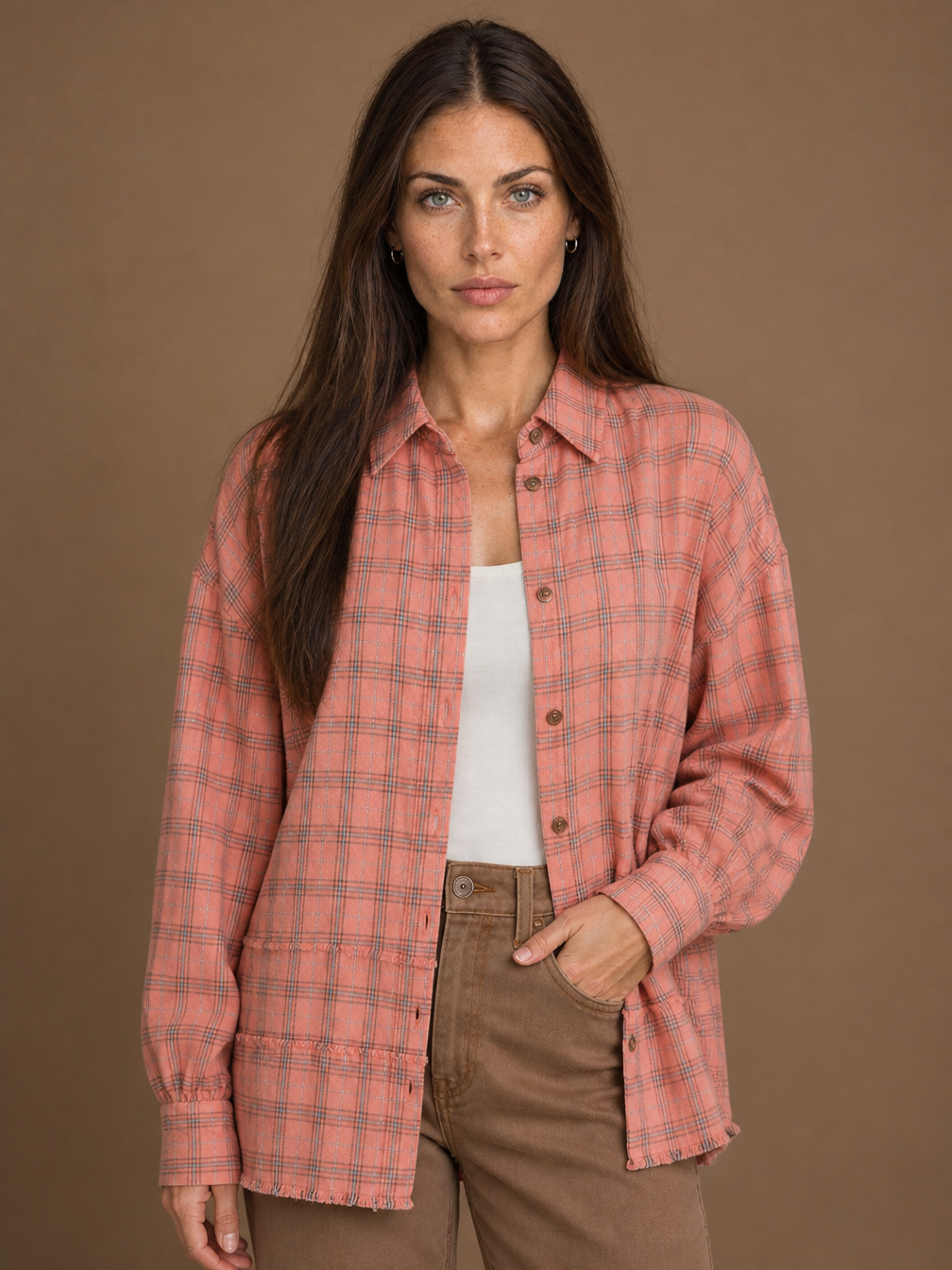 Women’s Plaid Flannel Shirt Oversized Fit Button Front Lantern Sleeves - Pink