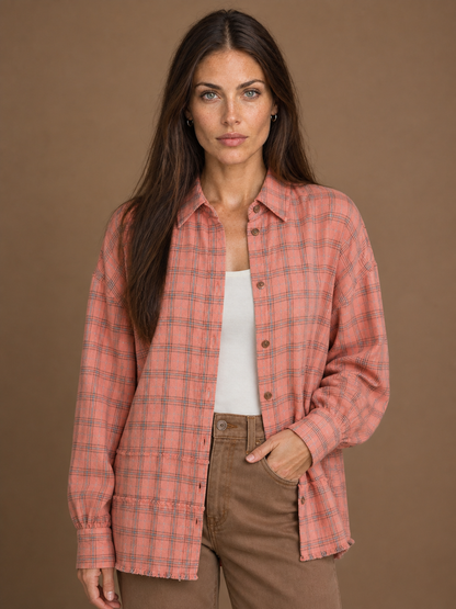 Women’s Plaid Flannel Shirt Oversized Fit Button Front Lantern Sleeves - Pink