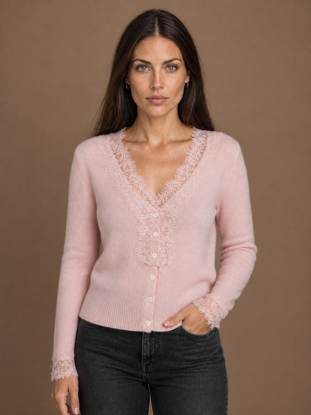 Women's V-Neck Knit Cardigan - Lace Trim Sweater with Button Front - Pink