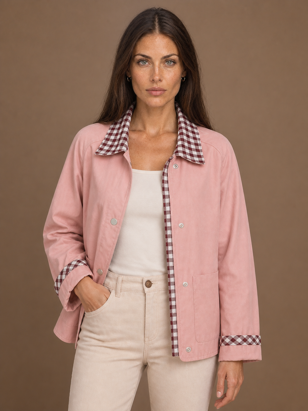 Women's Barn Jacket with Checked Collar - Autumn Winter Outerwear Coat - Pink